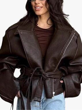Women's Dark Brown Leather Belted Jacket